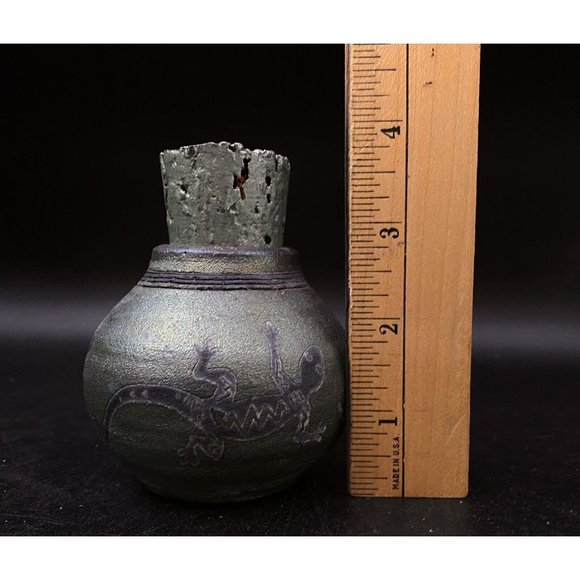 J. Diller Raku Southwestern Art Pottery Vase Jar Gecko Lizard Cork Stopper - Picture 9 of 9
